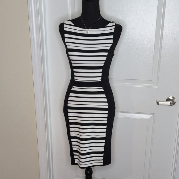 Weston Wear Anthropologie Black White Spliced Striped Lace Bodycon Midi Dress XS - Picture 2 of 12